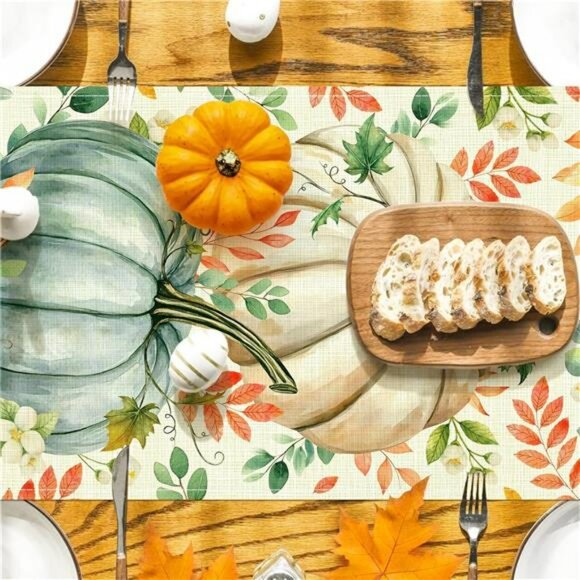 Pumpkin Eucalyptus Fall Table Runner 13x72 Thanksgiving Autumn Party Table Decor - Picture 3 of 7